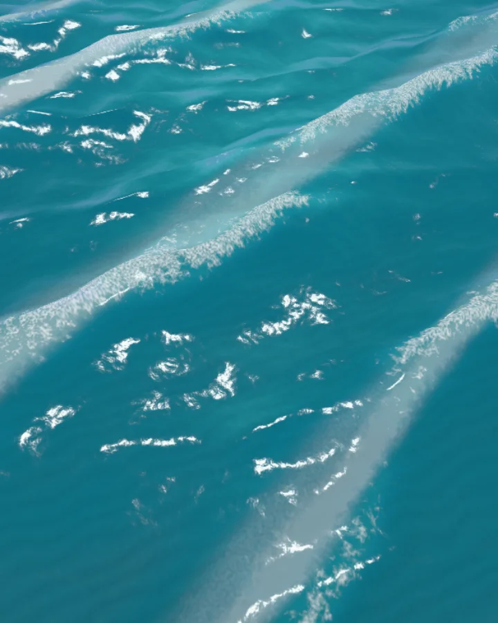 My Ocean renderer capture of La Jolla, viewed above blue-green water and rows of white waves.
