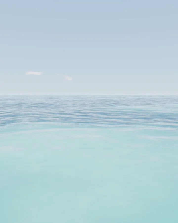 My Ocean renderer capture of pale turquoise Maldives water beneath a soft blue sky.