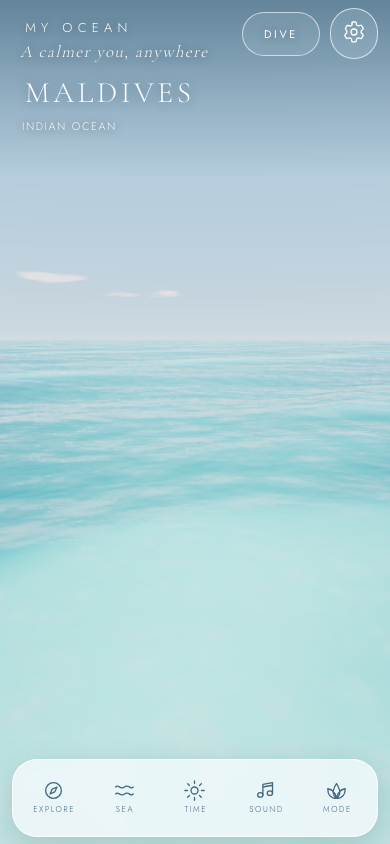 My Ocean development preview showing Maldives water and the Explore, Sea, Time, Sound and Mode controls.