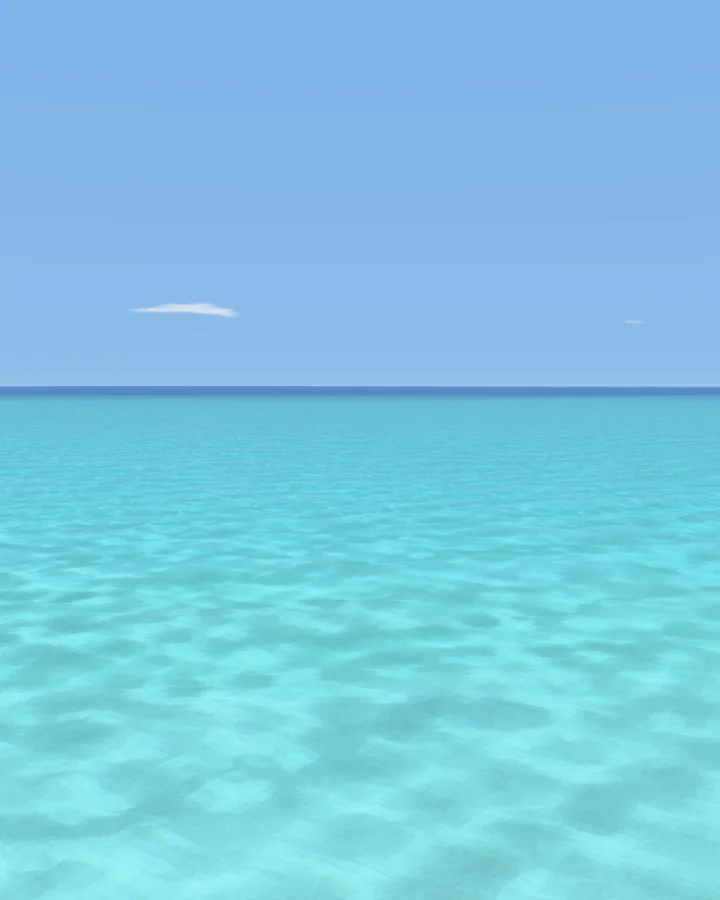 My Ocean renderer capture of bright turquoise shallows meeting a blue horizon.